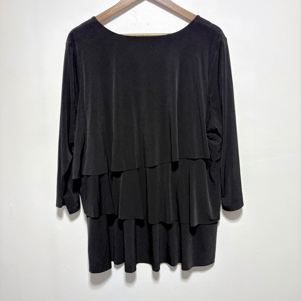 Susan Graver Tunic 1X Black Tiered 3/4 Sleeve Liquid Knit Stretch Blouse - Picture 5 of 8